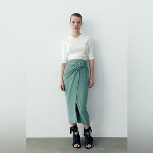 NWT Zara Sea Green Ruched Wrap Midi Skirt Size Small
